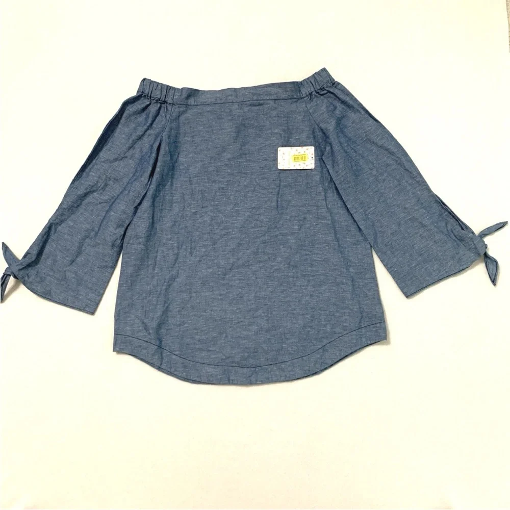 NEW Free People Women's Off Shoulder Long Sleeve Chambray Linen Blend Top Blue S - Picture 4 of 16